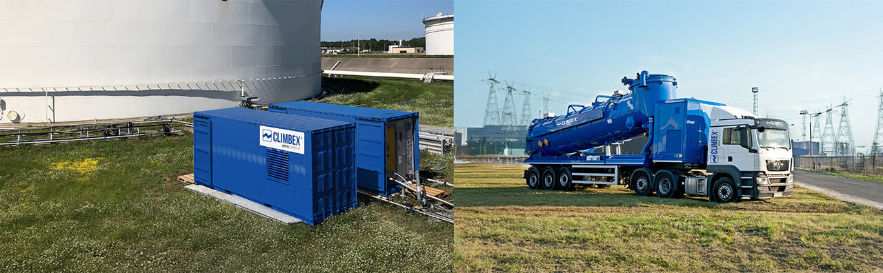 Langes und schmales Bild das aus zwei einzelnen Bildern besteht, links ist ein Stück eines Tanks mit diversen LKWs und Anhängern davor zu sehen. Die Ladeflächen der zwei LKWs unten links im Bild, sind zu besseren grafischen Darstellung, geöffnet und zeigen eine Art Filtersystem welches mit einem Schlauch zum Tank verbunden ist. Das Bild rechts zeigt ein Industriekühl- oder Kraftwerk. Im Zentrum des Bildes ragt ein massiver, zylinderförmiger Aufbau mit vielen Plattformen, Rohren und Leitungen in die Höhe, umgeben von der gewölbten Innenwand eines riesigen Kühlturms. Der untere Bereich ist in warmes orangefarbenes Licht getaucht, das von einer überdachten Konstruktion stammt, unter der zahlreiche Rohre, Ventile und Maschinen verlaufen.