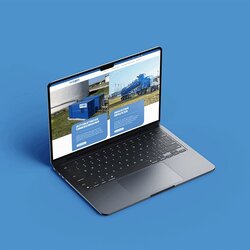 Hellblauer Hintergrund, in der Mitte steht ein schräg von weiter oben fotografierter Laptop aus dessen Bildschirm die neue Startseite von Climbex zu sehen ist.